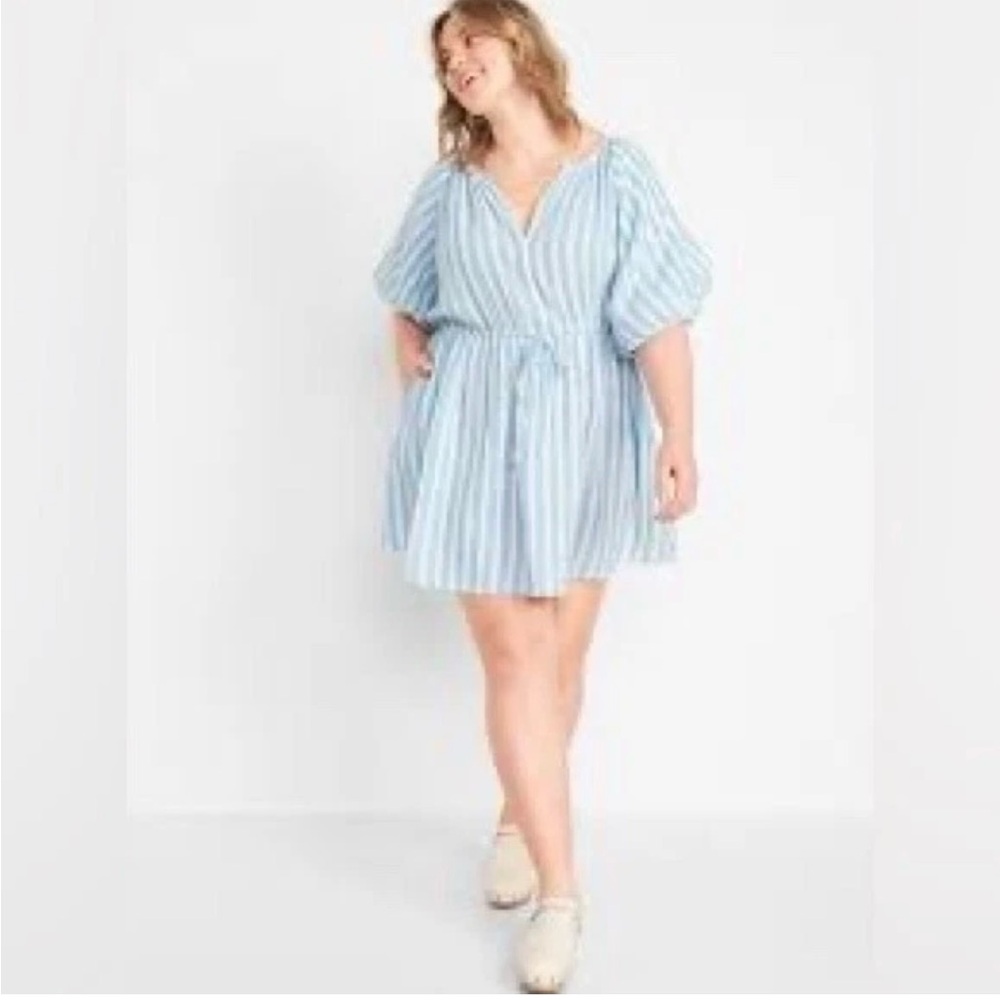 Old Navy Waist-Defined Puff-Sleeve Stripe Gauze Mini Shirt Dress